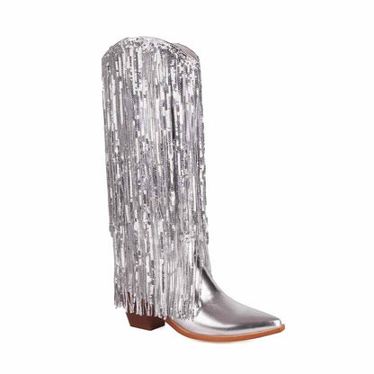 Metallic Boots Sexy Pointed Toe Block Heel with Sequin Tassels Knee Length Booties