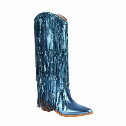 Metallic Boots Sexy Pointed Toe Block Heel with Sequin Tassels Knee Length Booties