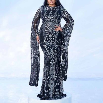 Extra Long Sleeves Mermaid Sequin Prom Dress Ball Gowns Plus Size