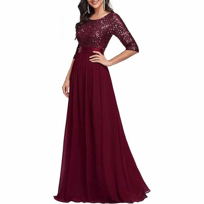 Sequined Top Long Chiffon Bridesmaid Dress with Sleeves Prom Dress Event Gowns