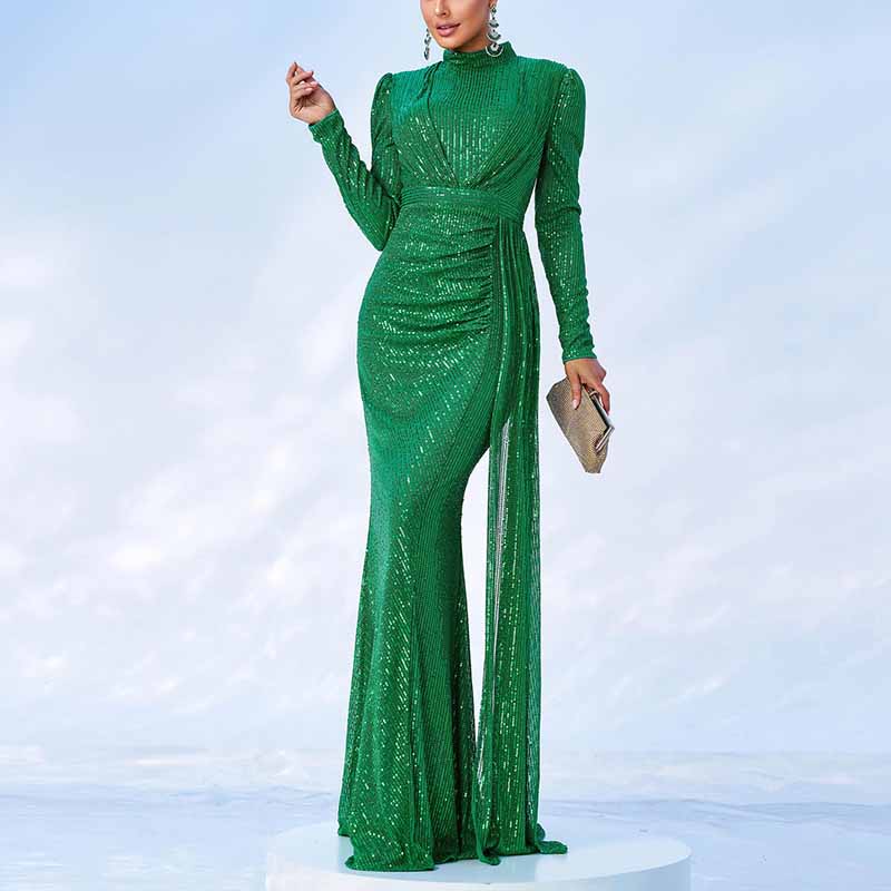 Stand Collar Long Sleeve Sequin Prom Dress Wedding Cocktail Dress