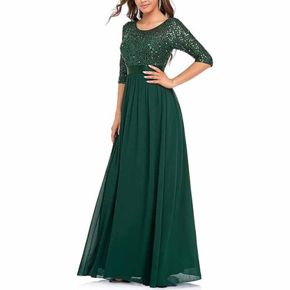 Sequined Top Long Chiffon Bridesmaid Dress with Sleeves Prom Dress Event Gowns