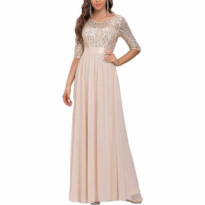 Sequined Top Long Chiffon Bridesmaid Dress with Sleeves Prom Dress Event Gowns