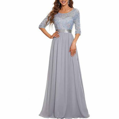 Sequined Top Long Chiffon Bridesmaid Dress with Sleeves Prom Dress Event Gowns