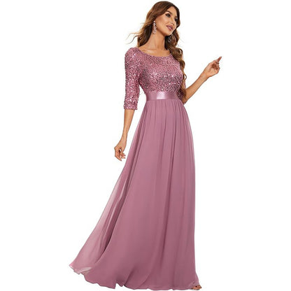 Sequined Top Long Chiffon Bridesmaid Dress with Sleeves Prom Dress Event Gowns