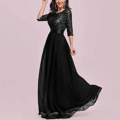 Sequined Top Long Chiffon Bridesmaid Dress with Sleeves Prom Dress Event Gowns