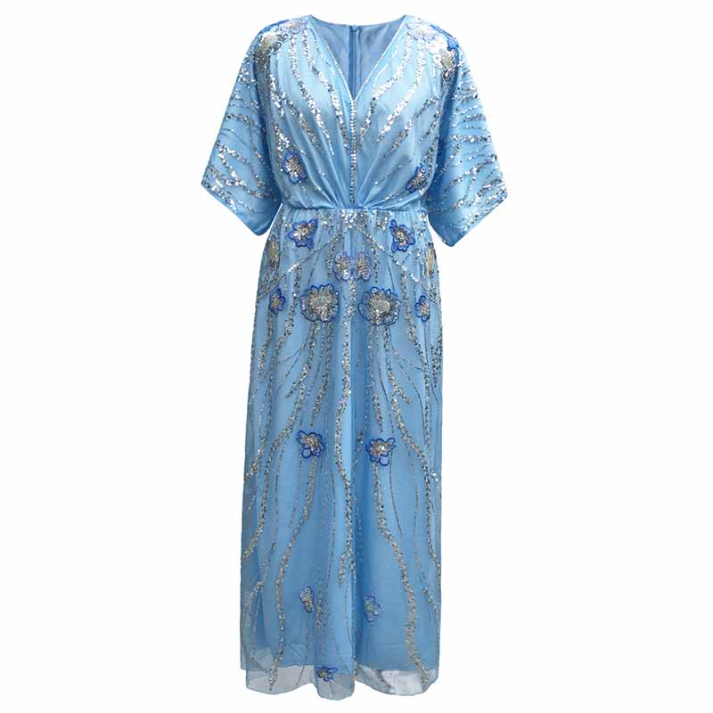 Floral Embroidered Sequin Maxi Dress Oversize Sparkly Dress