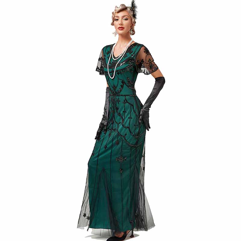 Women's Flapper Dress 1920s V-Neck Evening Gown Sequin Beaded Maxi Dress