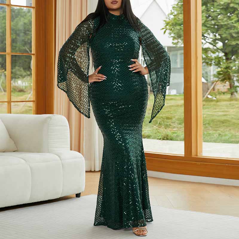 Sheer Cape Sleeve Sequin Black Prom Derss Plus Size Event Gowns