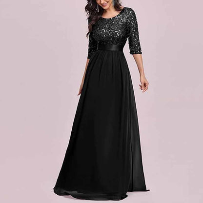 Sequined Top Long Chiffon Bridesmaid Dress with Sleeves Prom Dress Event Gowns