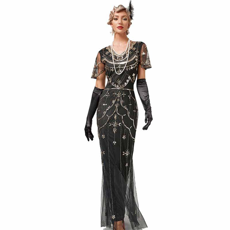 Women's Flapper Dress 1920s V-Neck Evening Gown Sequin Beaded Maxi Dress