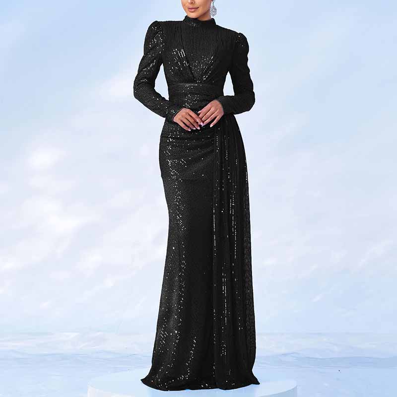 Stand Collar Long Sleeve Sequin Prom Dress Wedding Cocktail Dress