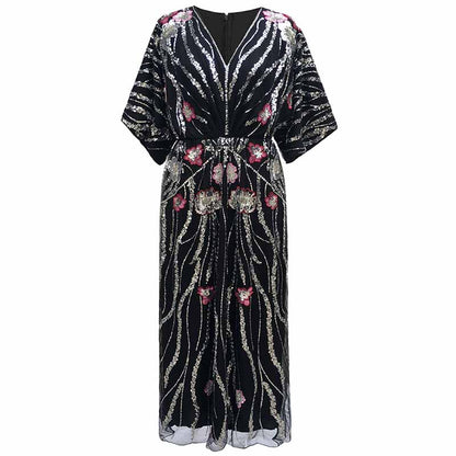 Floral Embroidered Sequin Maxi Dress Oversize Sparkly Dress