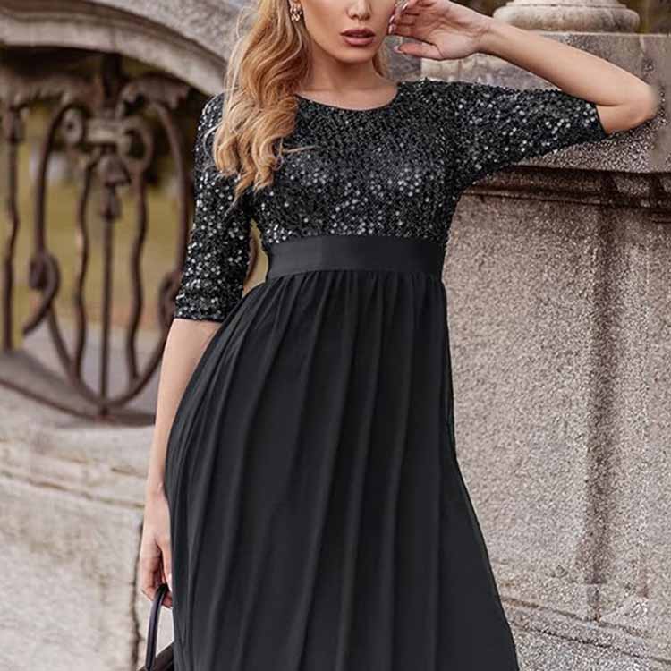 Sequined Top Long Chiffon Bridesmaid Dress with Sleeves Prom Dress Event Gowns