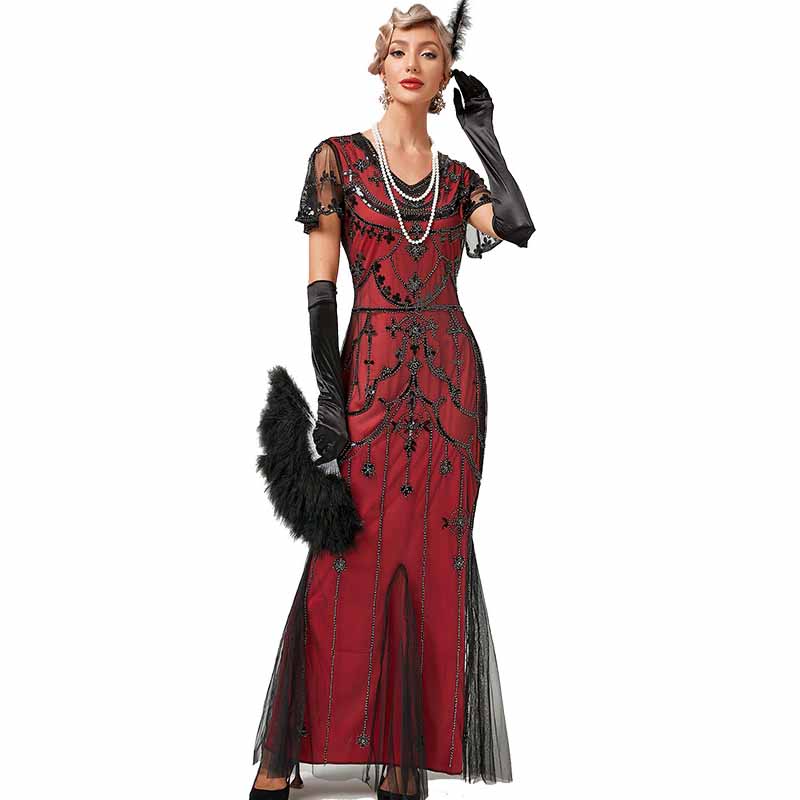 Women's Flapper Dress 1920s V-Neck Evening Gown Sequin Beaded Maxi Dress