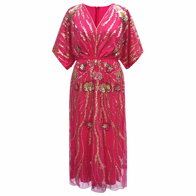 Floral Embroidered Sequin Maxi Dress Oversize Sparkly Dress