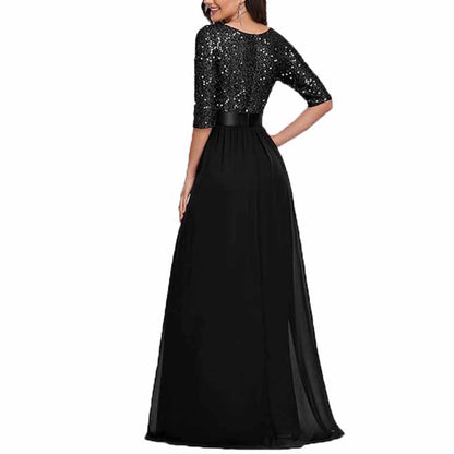 Sequined Top Long Chiffon Bridesmaid Dress with Sleeves Prom Dress Event Gowns