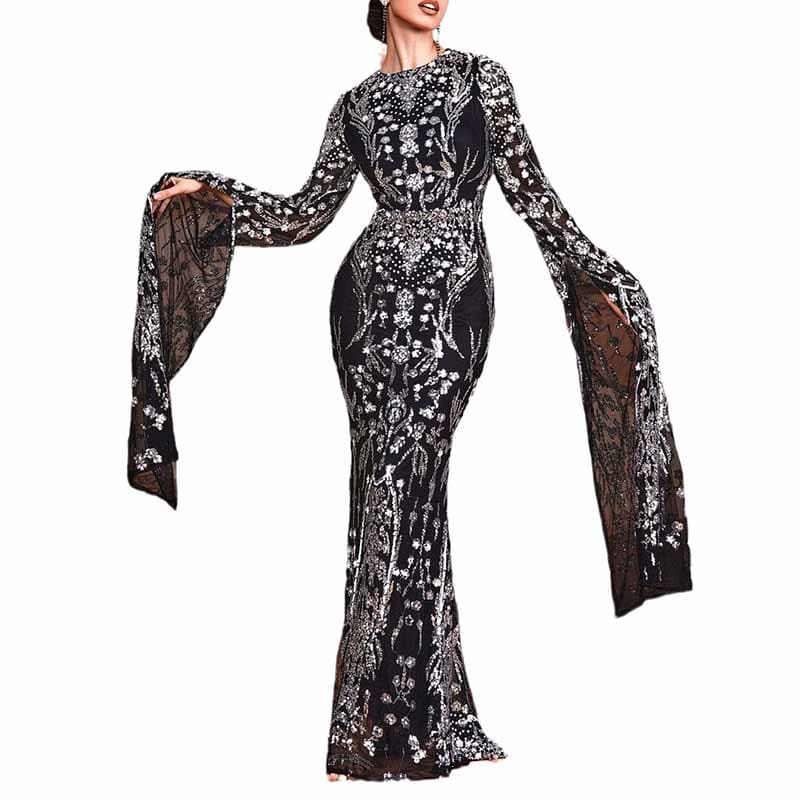 Extra Long Sleeves Mermaid Sequin Prom Dress Ball Gowns Plus Size