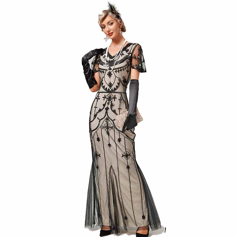 Women's Flapper Dress 1920s V-Neck Evening Gown Sequin Beaded Maxi Dress