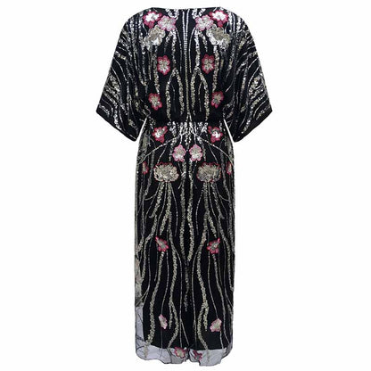 Floral Embroidered Sequin Maxi Dress Oversize Sparkly Dress