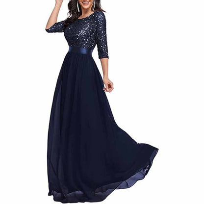 Sequined Top Long Chiffon Bridesmaid Dress with Sleeves Prom Dress Event Gowns