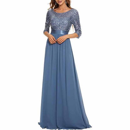Sequined Top Long Chiffon Bridesmaid Dress with Sleeves Prom Dress Event Gowns