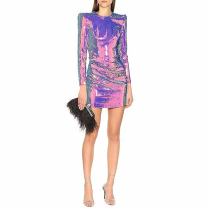 Women's Sequin Mini Dress Long Sleeves Colorful Cocktail Dress