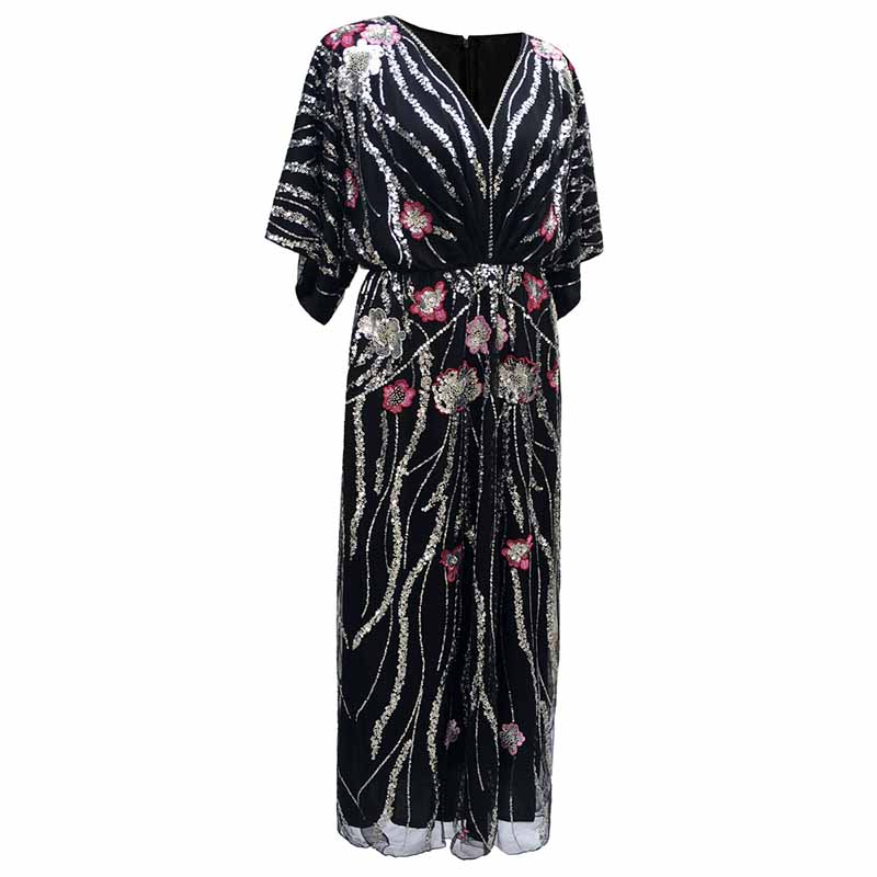 Floral Embroidered Sequin Maxi Dress Oversize Sparkly Dress