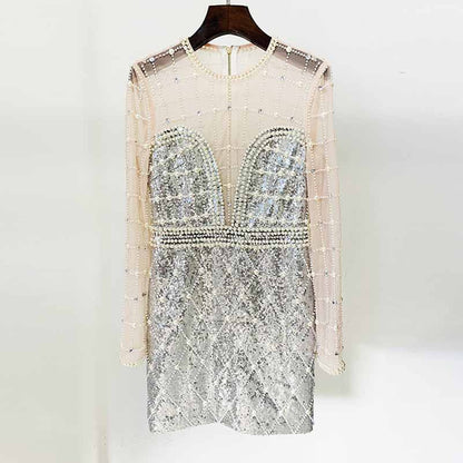 Womne Diamond Glamorous Mini Dress Sequined Long Sleeve Short Prom Dress
