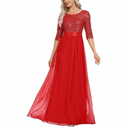 Sequined Top Long Chiffon Bridesmaid Dress with Sleeves Prom Dress Event Gowns