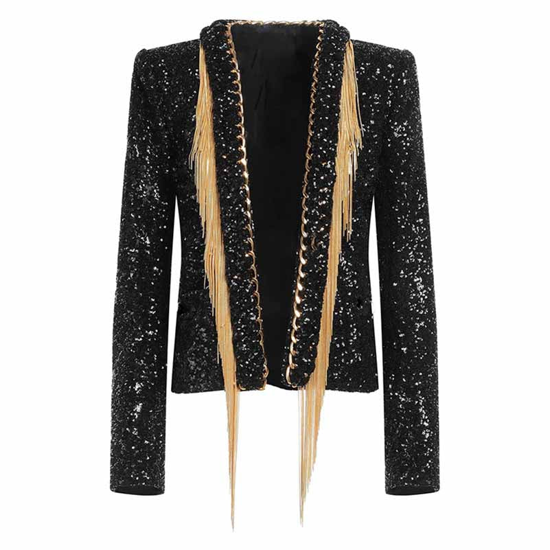 Women Sequin Tassel Chain Blazer Black Jacket