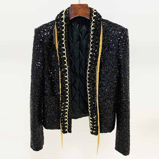 Women Sequin Tassel Chain Blazer Black Jacket