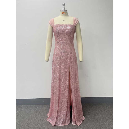 Pink Wedding Guest Dress Sequin Bridesmaid Dress With High Split Long Prom Dress