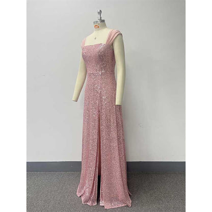 Pink Wedding Guest Dress Sequin Bridesmaid Dress With High Split Long Prom Dress