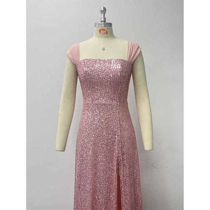 Pink Wedding Guest Dress Sequin Bridesmaid Dress With High Split Long Prom Dress