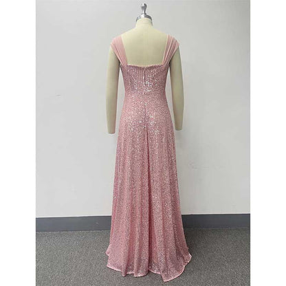 Pink Wedding Guest Dress Sequin Bridesmaid Dress With High Split Long Prom Dress