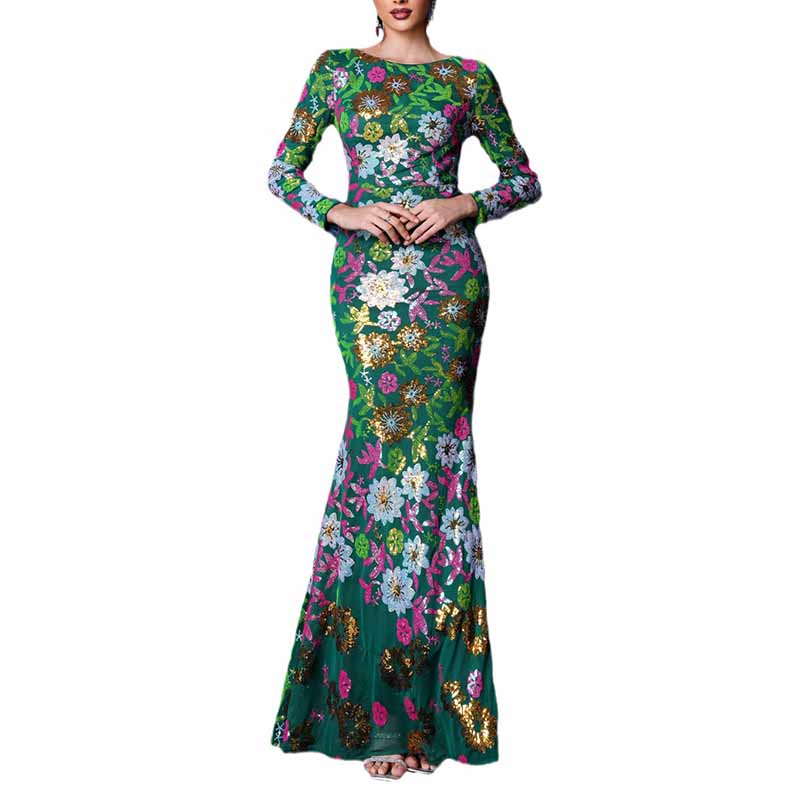 Floral Sequin Slim Fit Prom Dress Long Sleeve Maxi Dress