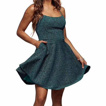 Womens Sparkle Spaghetti Straps Short Homecoming Dress A Line Cocktail Dress