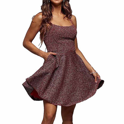 Womens Sparkle Spaghetti Straps Short Homecoming Dress A Line Cocktail Dress
