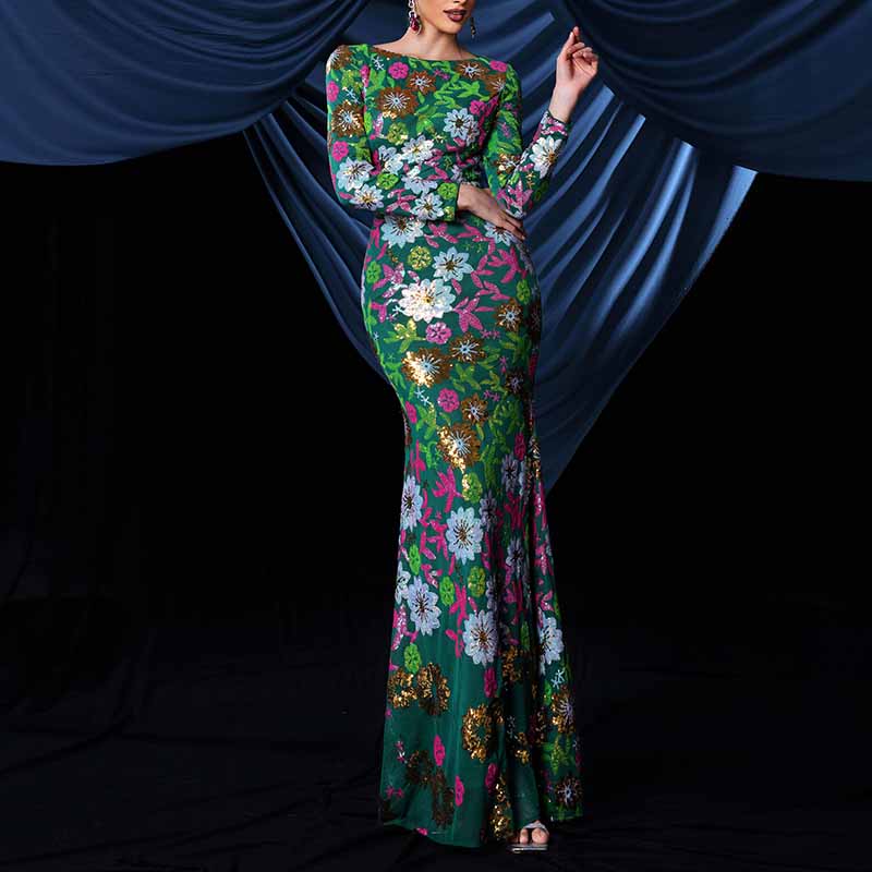 Floral Sequin Slim Fit Prom Dress Long Sleeve Maxi Dress