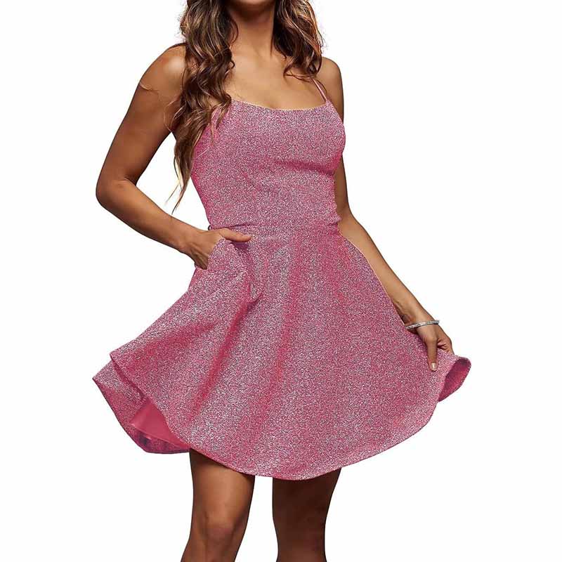 Womens Sparkle Spaghetti Straps Short Homecoming Dress A Line Cocktail Dress