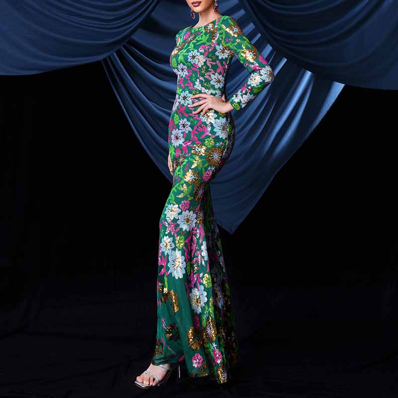 Floral Sequin Slim Fit Prom Dress Long Sleeve Maxi Dress