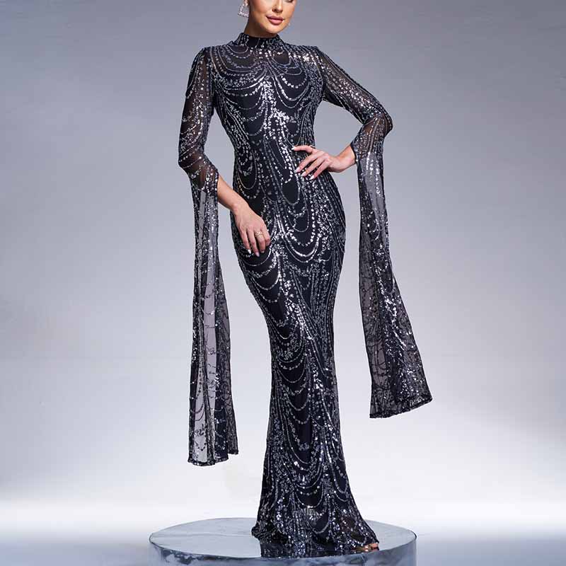 Extra Long Sleeves Evening Dress Sequin Prom Dress Event Dress