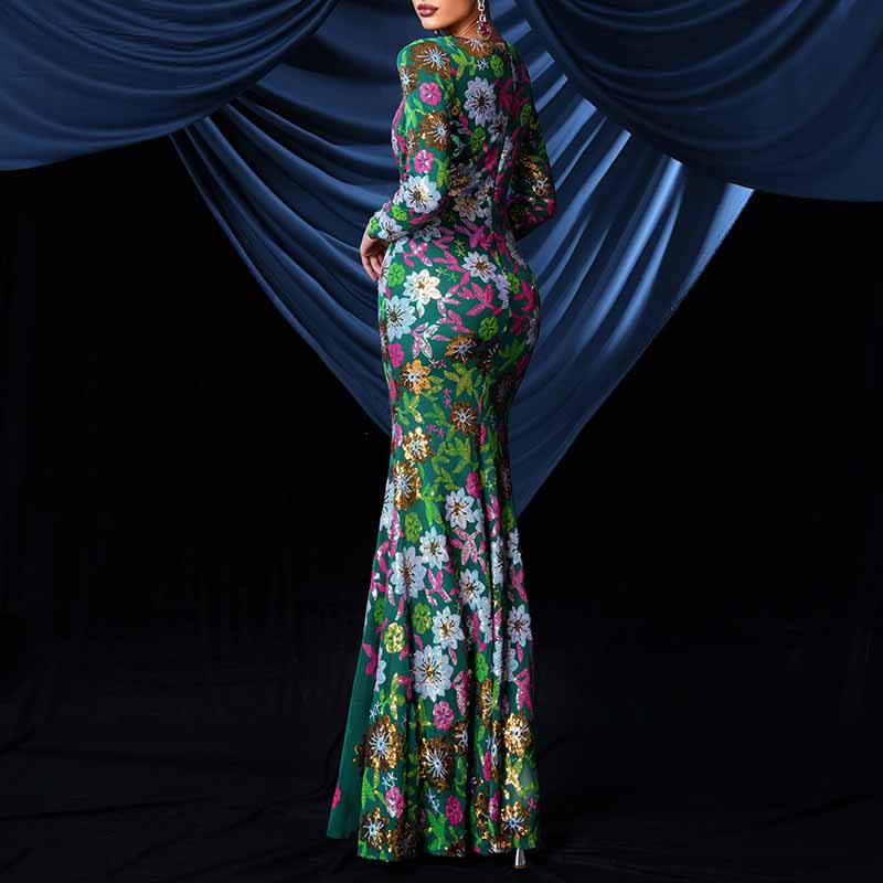 Floral Sequin Slim Fit Prom Dress Long Sleeve Maxi Dress