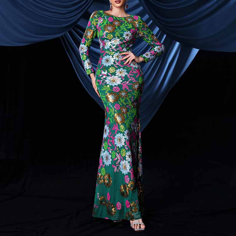 Floral Sequin Slim Fit Prom Dress Long Sleeve Maxi Dress