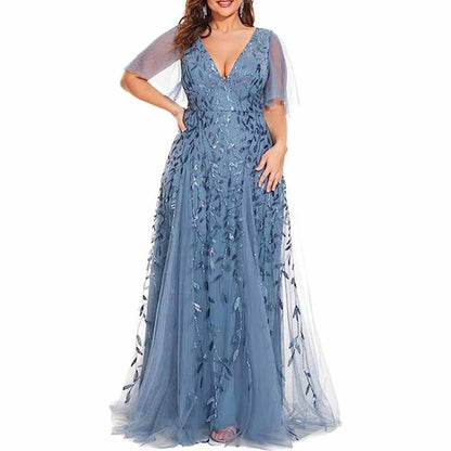 Women embroidery Lace Bridesmaid Dress V Neck Long Prom Dress