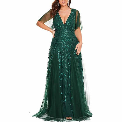 Women embroidery Lace Bridesmaid Dress V Neck Long Prom Dress