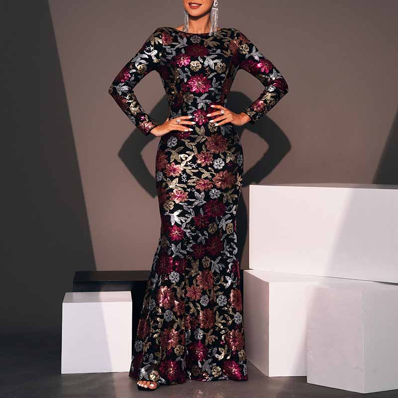 Floral Sequin Slim Fit Prom Dress Long Sleeve Maxi Dress