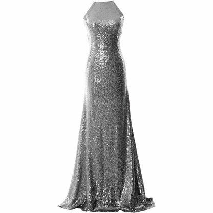 Women Halter Sequin Long Bridesmaid Dress Cowlback Formal Evening Gown