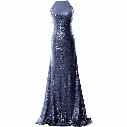 Women Halter Sequin Long Bridesmaid Dress Cowlback Formal Evening Gown